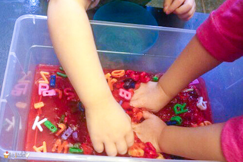 Learn the ABC's and have some good ol' squishy fun with this easy Alphabet Jello Sensory Bin!
