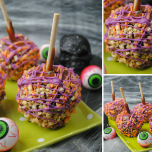 Colorful, crunchy Halloween caramel apples are perfect for kids parties, gifts, and treats! A fun dessert recipe to make with kids too!