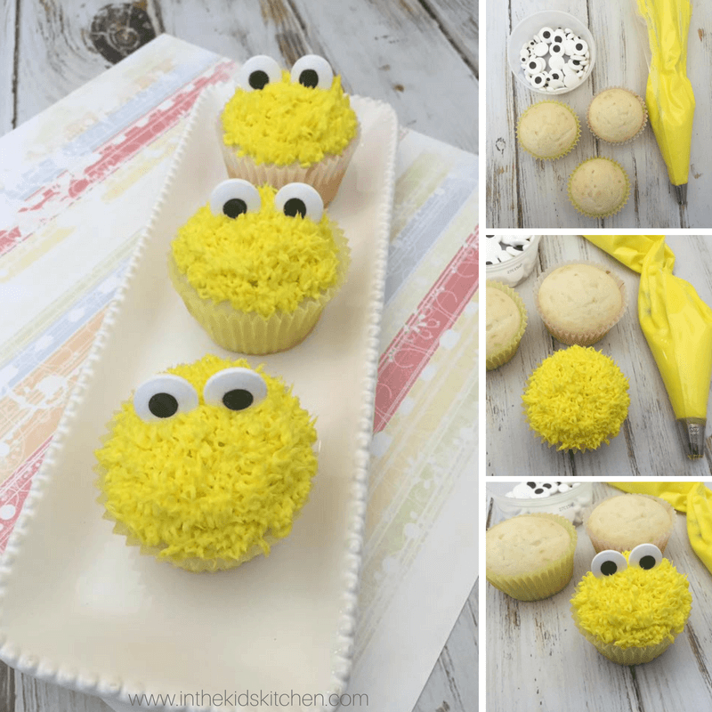 Easy & festive Big Bird cupcakes with from scratch vanilla white cupcakes and yellow buttercream frosting - perfect for a Sesame Street kids birthday party!