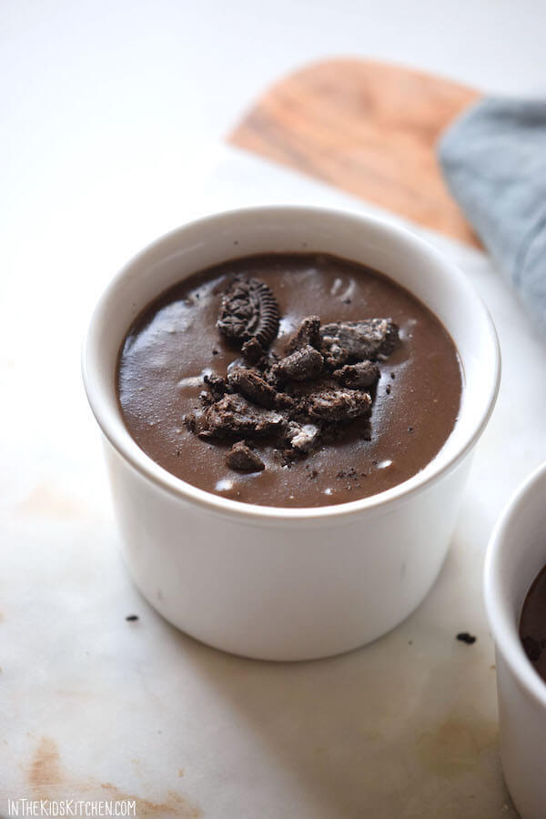 homemade chocolate pudding with crushed Oreos on top