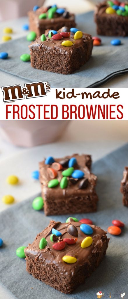 A triple-chocolate dessert delight! Fluffy chocolate cake brownies with rich, fudge icing...topped with M&Ms. Kid-made and oh-so-yummy!