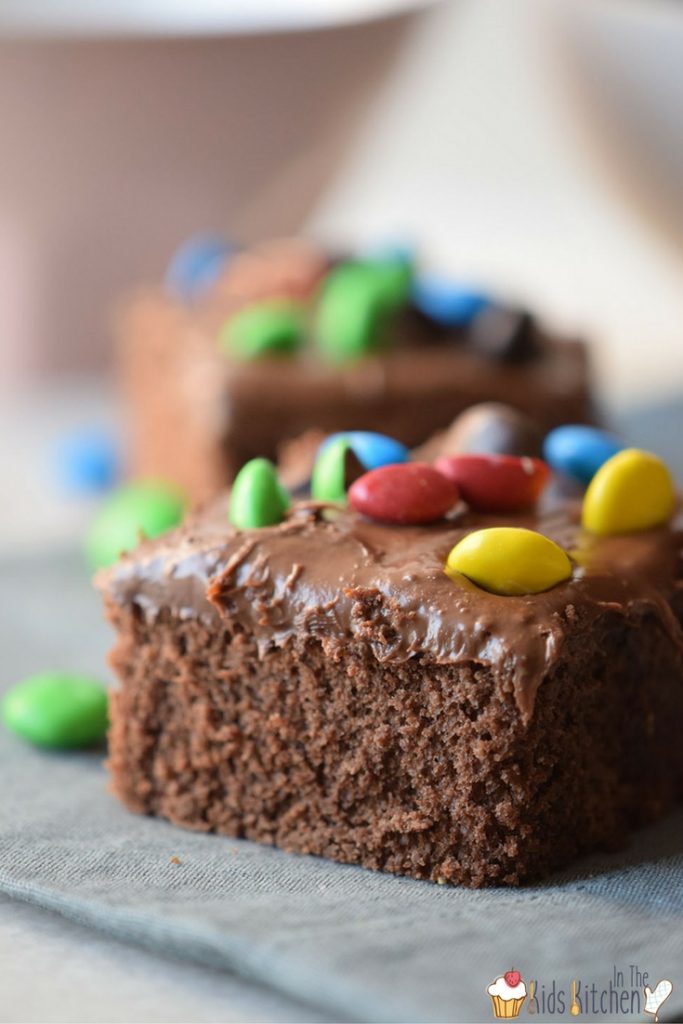 A triple-chocolate dessert delight! Fluffy chocolate cake brownies with rich, fudge icing...topped with M&Ms. Kid-made and oh-so-yummy!