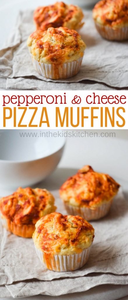 2 photo vertical collage showing homemade pizza muffins; text overlay "Pepperoni & Cheese Pizza Muffins"