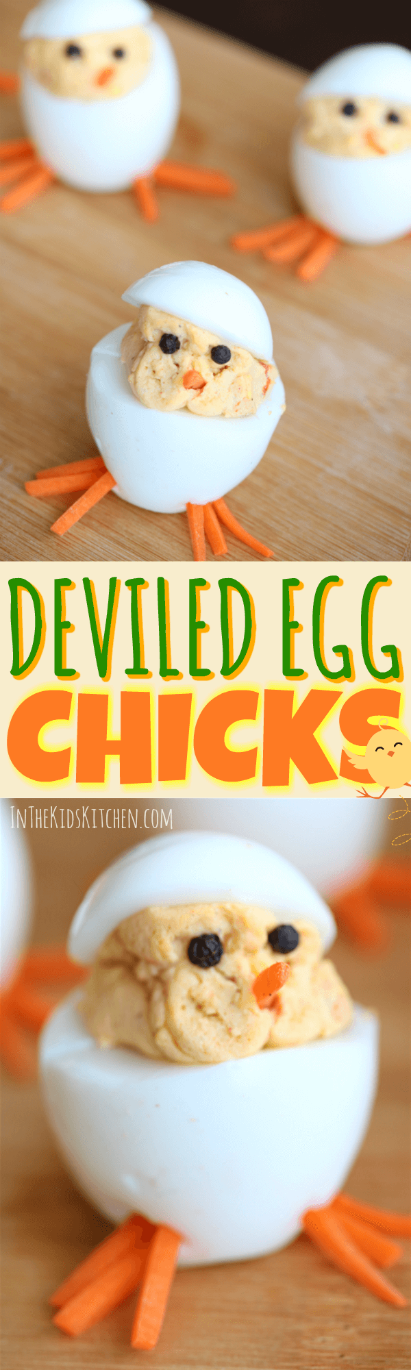 An adorable Easter-themed spin on a favorite party appetizer, these Deviled Eggs Chicks are sure to be a hit with kids and adults alike!