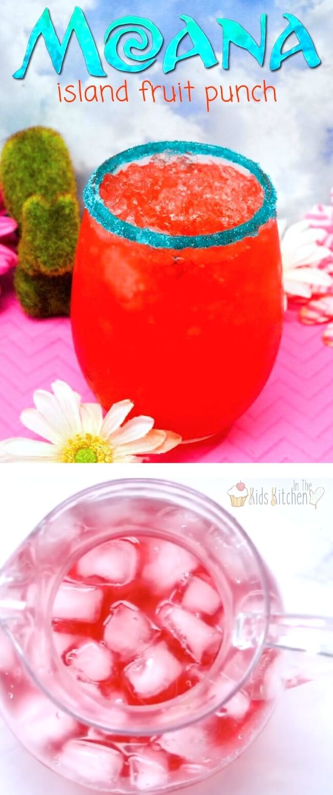 2 photo collage of homemade fruit punch; text overlay "Moana Island Fruit Punch"