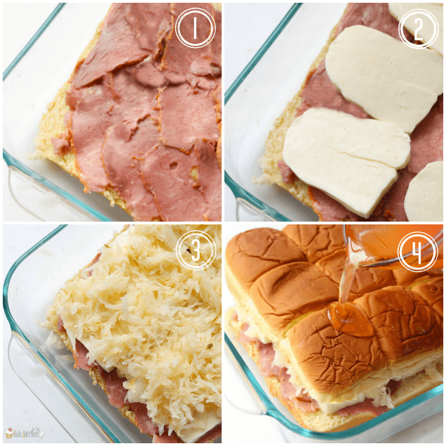 The perfect mini sandwich - Hot out of the oven, with a "secret" butter dressing cooked into the bread, these Reuben Sliders literally melt in your mouth!