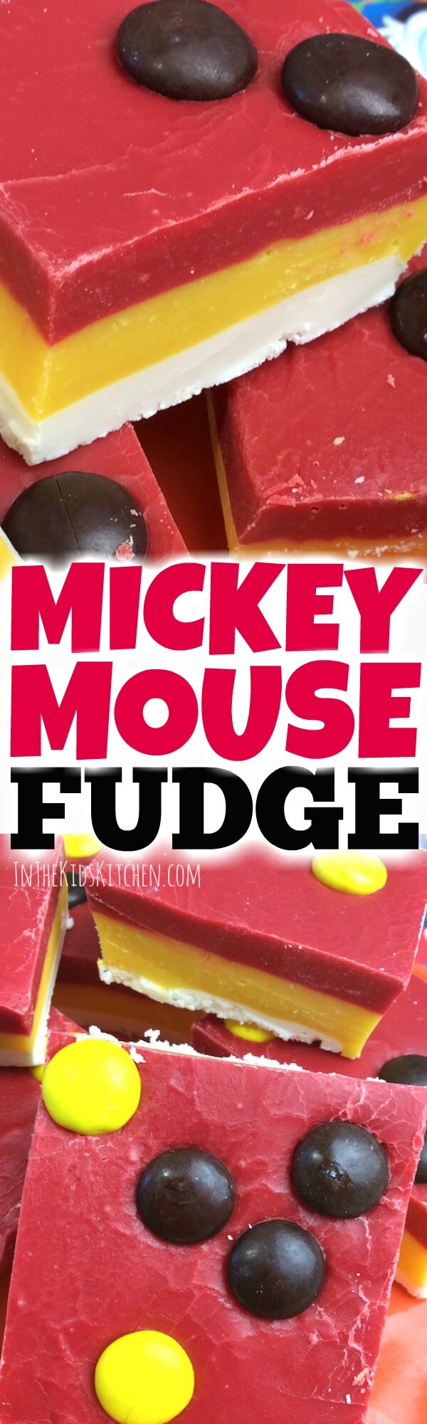 This cute and colorful Mickey Mouse Party Layered Fudge will WOW kids and grown-ups alike! Easy dessert recipe perfect for birthdays, holiday, or anytime!