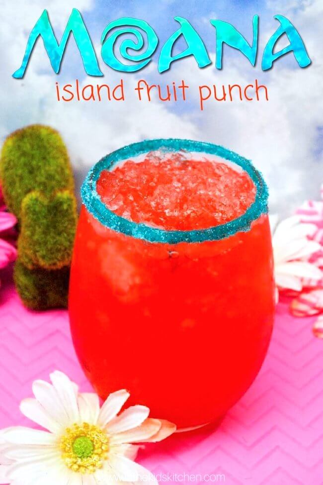 bright red fruit punch in a glass, text overlay "Moana Island Fruit Punch"