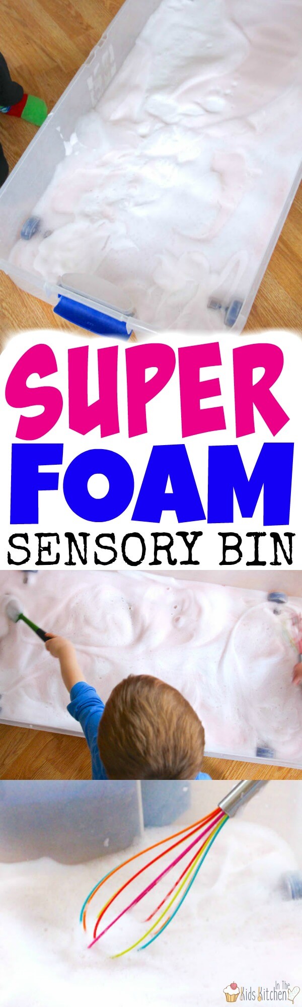 Easy set-up, virtually mess free, and quick clean up make this Soap Foam Sensory Bin an awesome indoor kids activity! Keep 'em busy for hours of clean play!