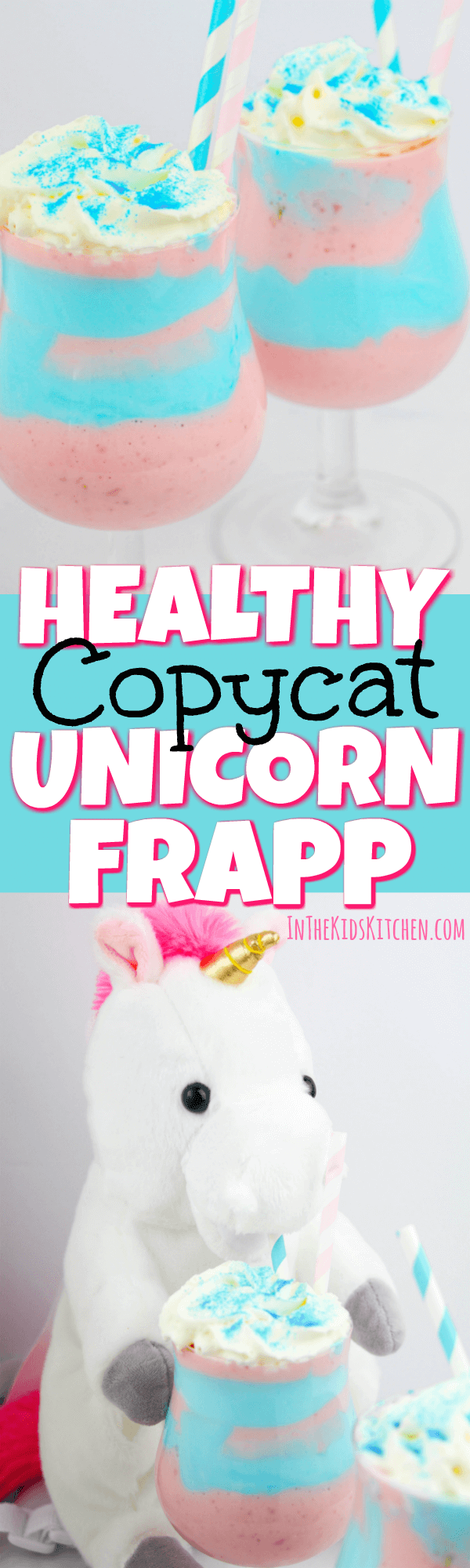 A healthy copycat of Starbuck's Limited Edition Unicorn Frappuccino that you can feel good about giving your kids. High in protein & calcium, low in sugar.
