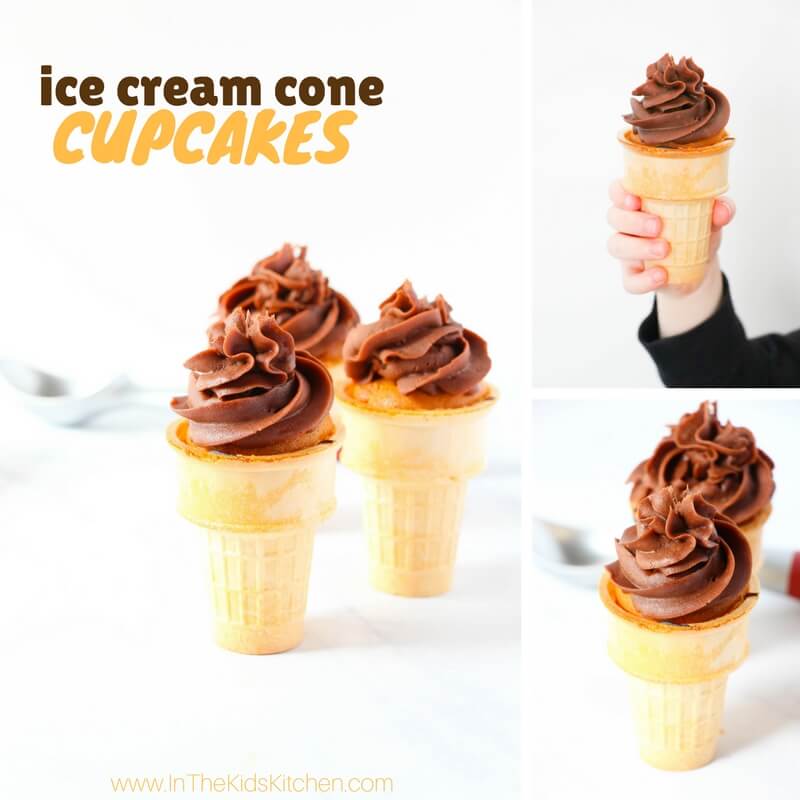 These cute Chocolate & Vanilla Ice Cream Cone Cupcakes are the perfect kids summer dessert — without all of the melting mess!