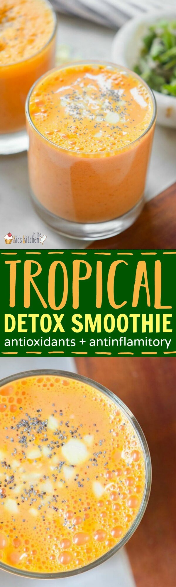 This vibrant tropical detox smoothie is the perfect energy boost for busy moms or a tasty way to sneak a little extra nutrition in your kids' day.