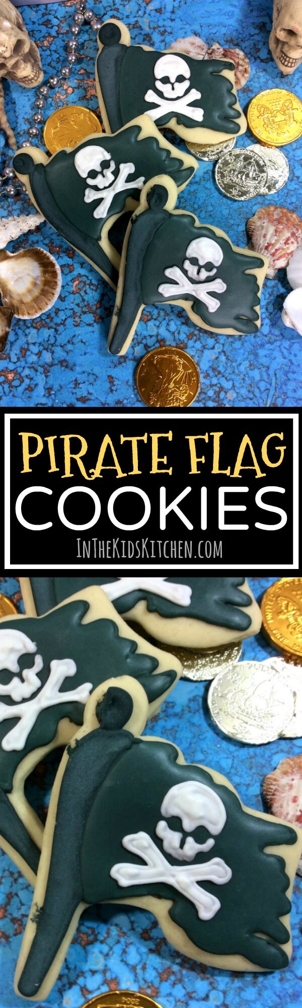 These pirate flag cookies are perfect for a pirate-themed kids birthday party or for a Pirates of the Caribbean movie night. Classic sugar cookie recipe.