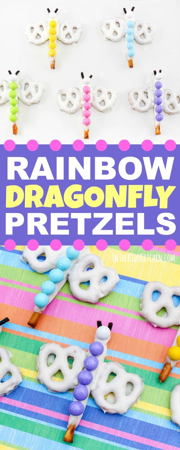 These cute and colorful Rainbow Dragonfly Pretzels are a delightfully different summer kids dessert. An easy recipe requiring only a few simple ingredients.