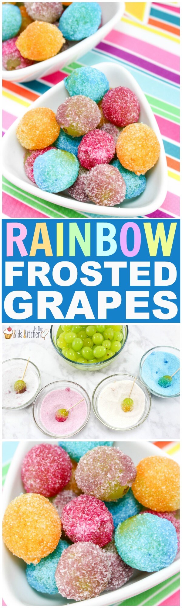Vibrantly colored Rainbow Jello Frosted Grapes are as pretty as they are delicious! This party treat is sure to be a hit with both kids and grown-ups alike!