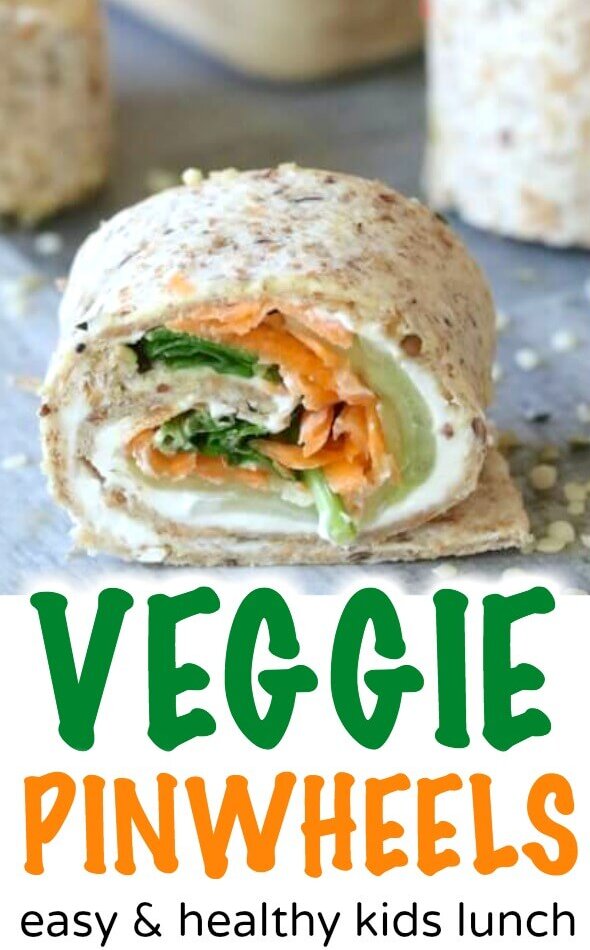 close up of a veggie pinwheel sandwich; text overlay "Veggie Pinwheels"