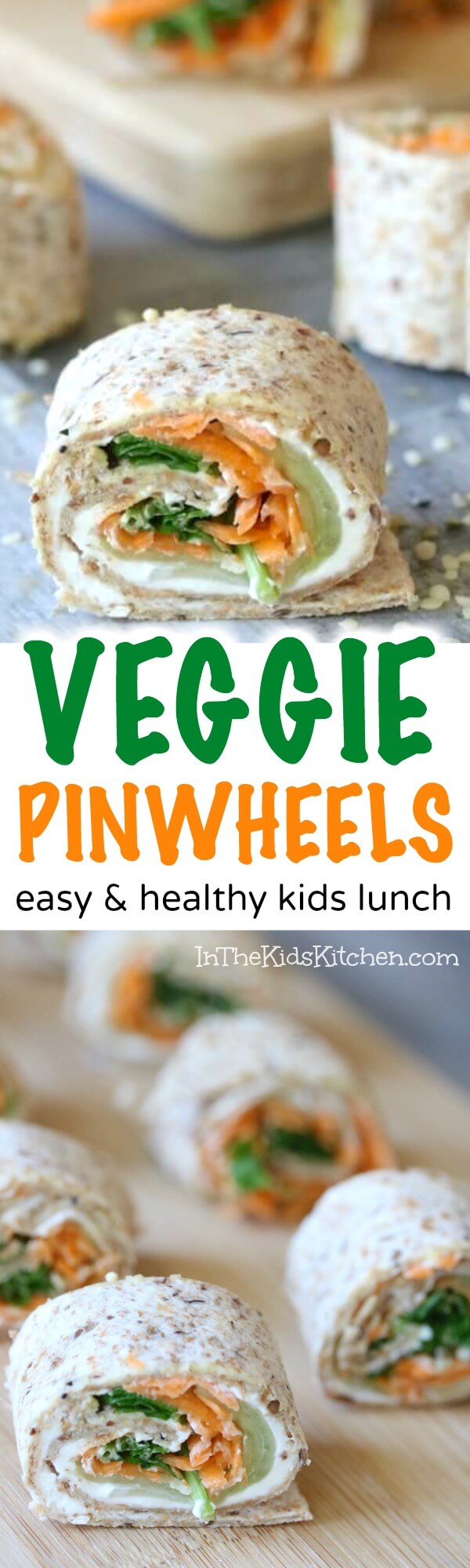 Who said kids don't want to eat their vegetables? Bite-sized veggie pinwheels are a nutrition-packed kids snack or lunchbox hit! 