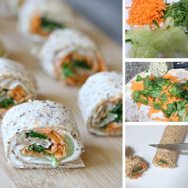 4-step collage image showing how to make vegetable pinwheel sandwiches