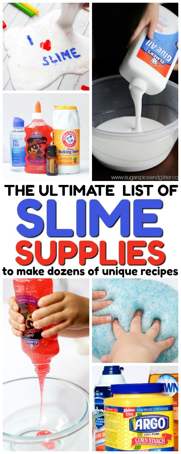 The ultimate list of slime supplies - everything you need to make dozens (or even hundreds) of unique and exciting slimes! Edible, glowing, fluffy, & more!