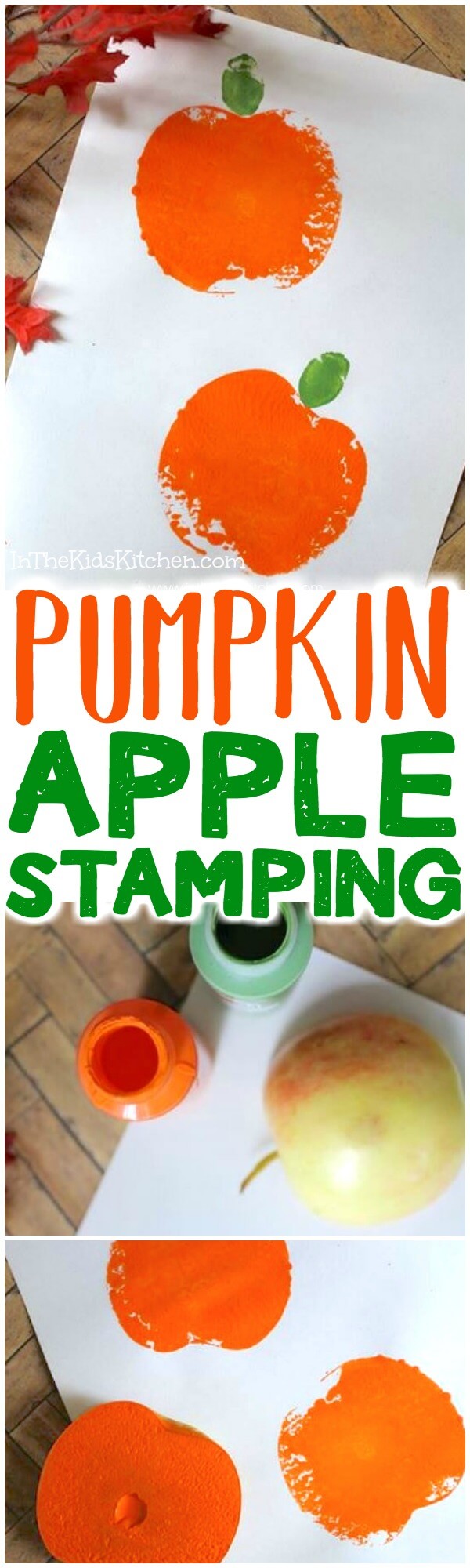 Who would have thought you could make pumpkins using apples? This adorable pumpkin apple stamping craft is perfect for holiday kids art & decorations.