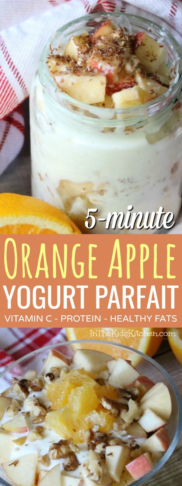 Our easy orange apple yogurt parfait is a healthy way to start the day! Lots of Vitamin C, good fats, protein, and no processed sugar. Kid-approved and perfect for anyone who wants a quick and wholesome breakfast or mid-day snack.