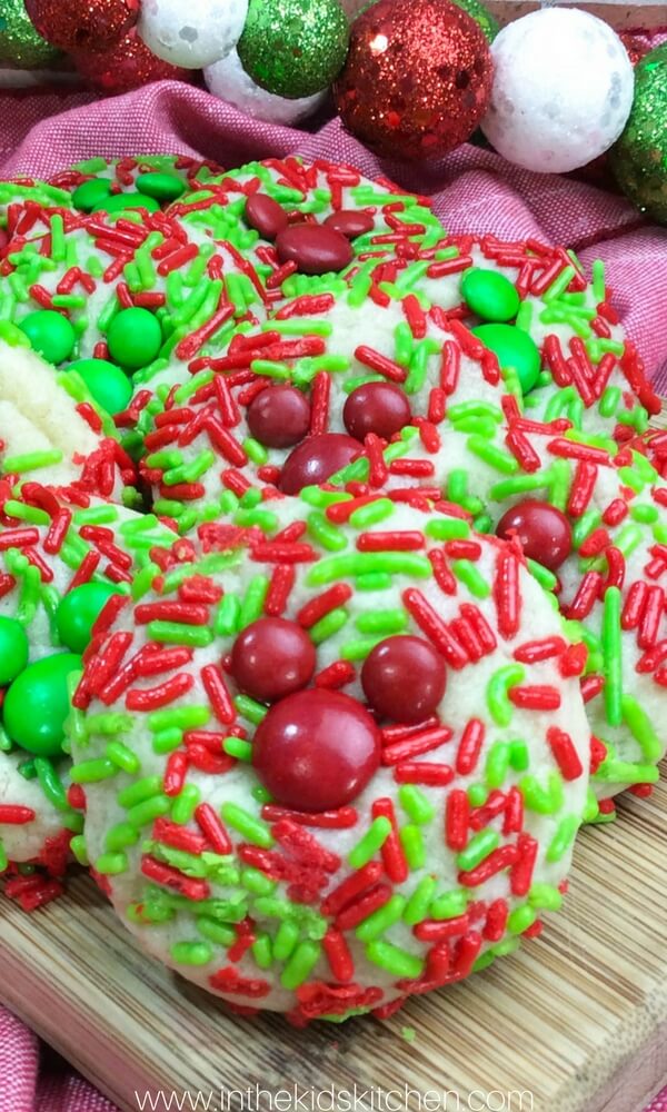 sugar cookies with red and green sprinkles, and M&Ms shaped like Mickey Mouse ears.
