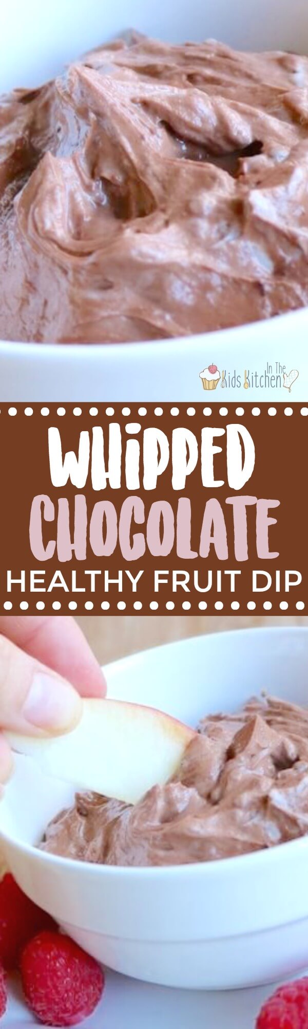 Make eating fruit a lot more fun with this healthy chocolate fruit dip! Only 4 simple real food ingredients and ready in minutes - this fluffy chocolate spread pairs perfectly with fruit as an after school snack. It also makes a sweet party dip! #chocolate #healthyrecipes