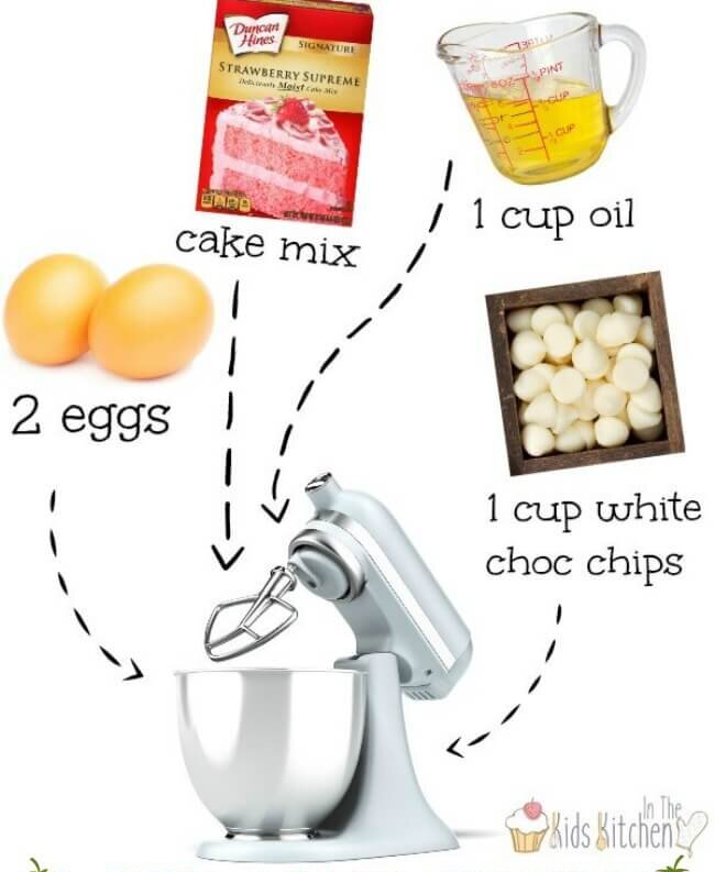 stand mixer with eggs, strawberry cake mix, oil, white chocolate chips