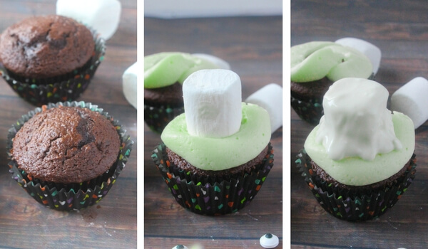 How to make slime monster cupcakes photo collage