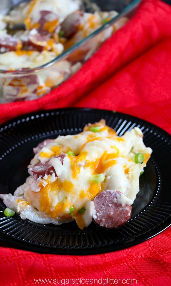 Pierogi Casserole on plate with sausage and cheese