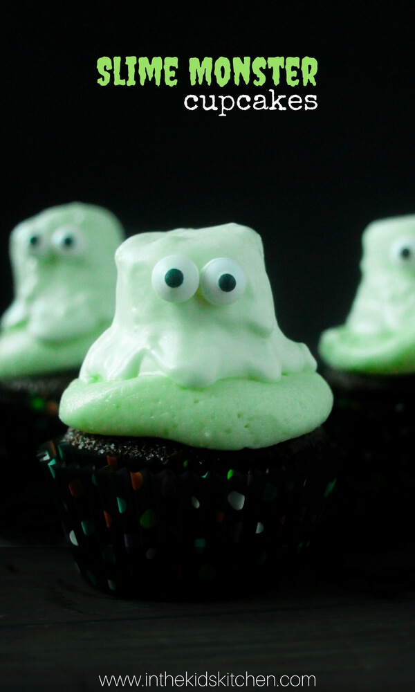 Creepy Slime Monster Cupcakes! Perfect for Halloween or slime birthday party treats!