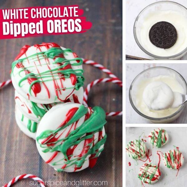 collage image showing how to make red and green decorated Oreos