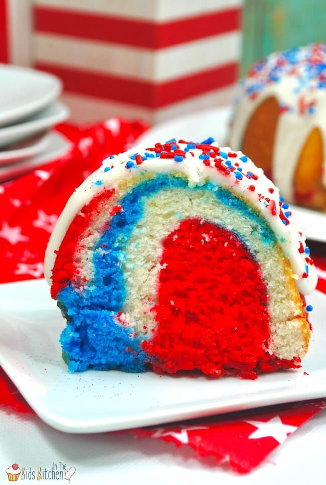 How to make a fun and patriotic Red White & Blue Swirl Bundt Cake for 4th of July or Memorial Day.