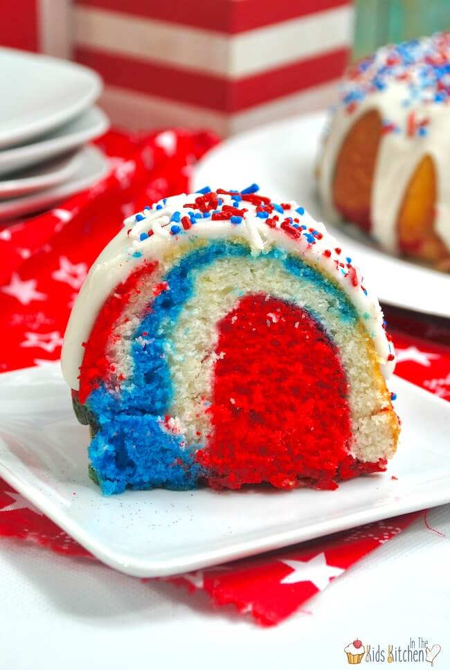 red white and blue swirl bundt cake on plate