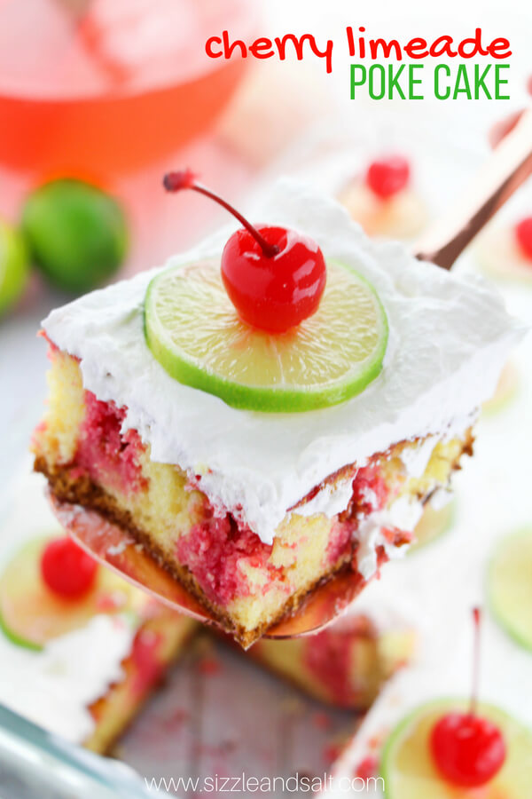 slice of cherry limeade poke cake on spatula