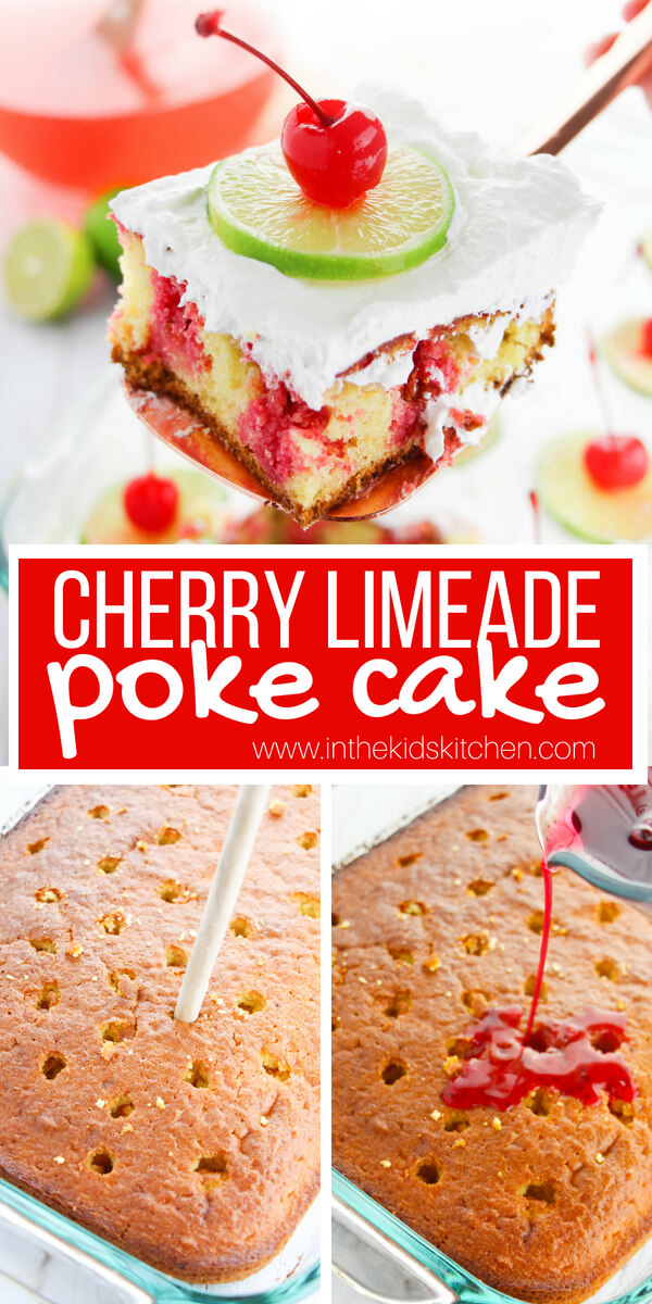 3 image collage showing how to make cherry poke cake with Jello