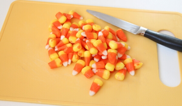 candy corn on cutting board
