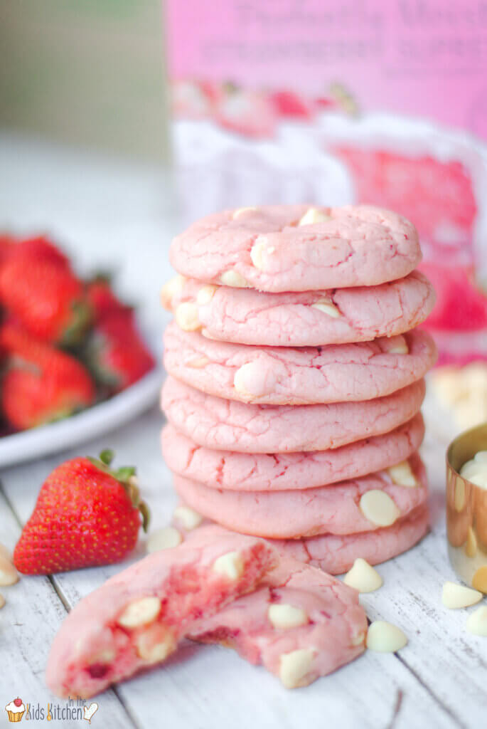 stack of strawberry cookies made with cake mix