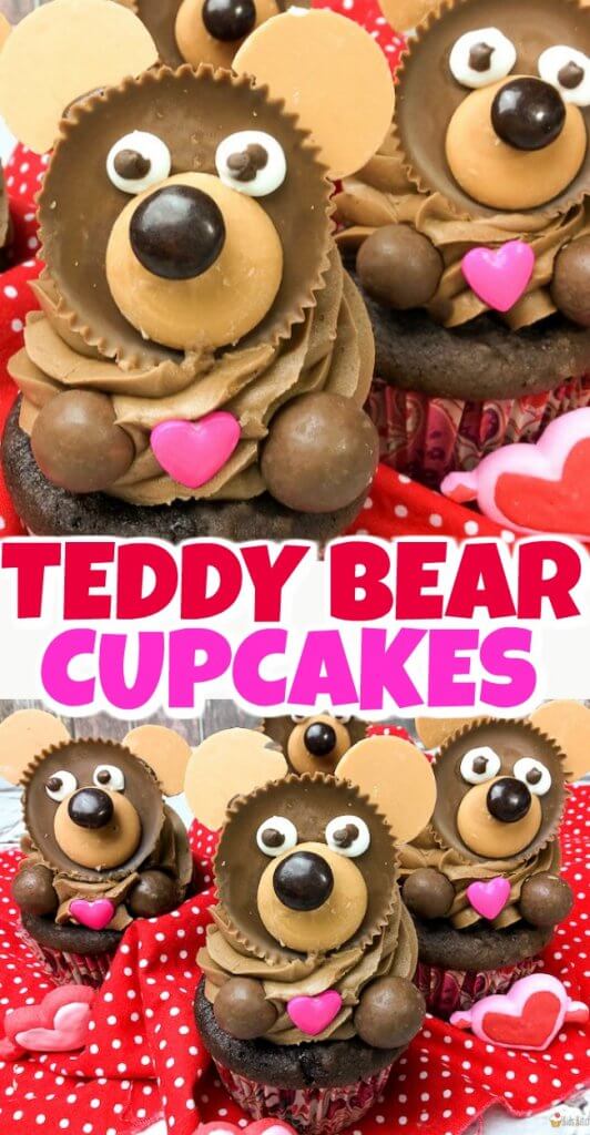 2 photo collage of cupcakes decorated to look like teddy bears on top; text overlay "Teddy bear Cupcakes"