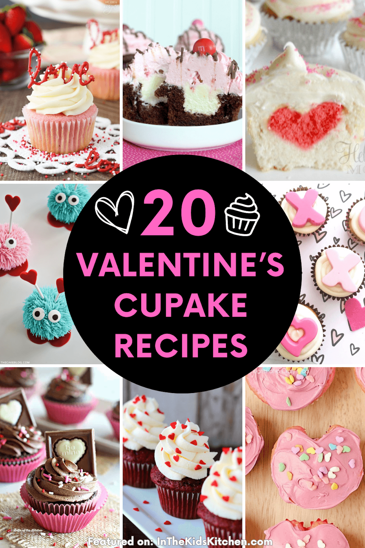 collage of Valentine's Day themed cupcakes, text overlay "20 Valentine's Cupcake Recipes".