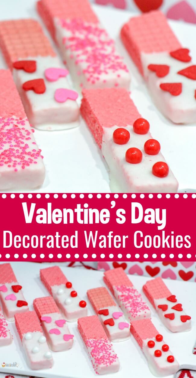 strawberry wafers dipped in white chocolate and decorated with valentine sprinkles; 2 photo collage
