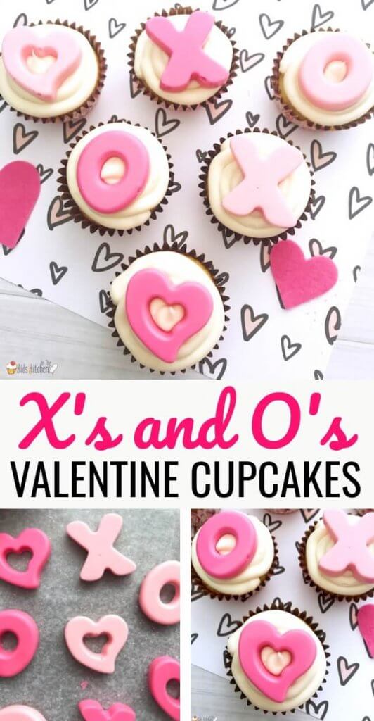 Valentine's cupcakes decorated with pink chocolate Xs and Os; text overlay "X's and O's Valentine Cupcakes"