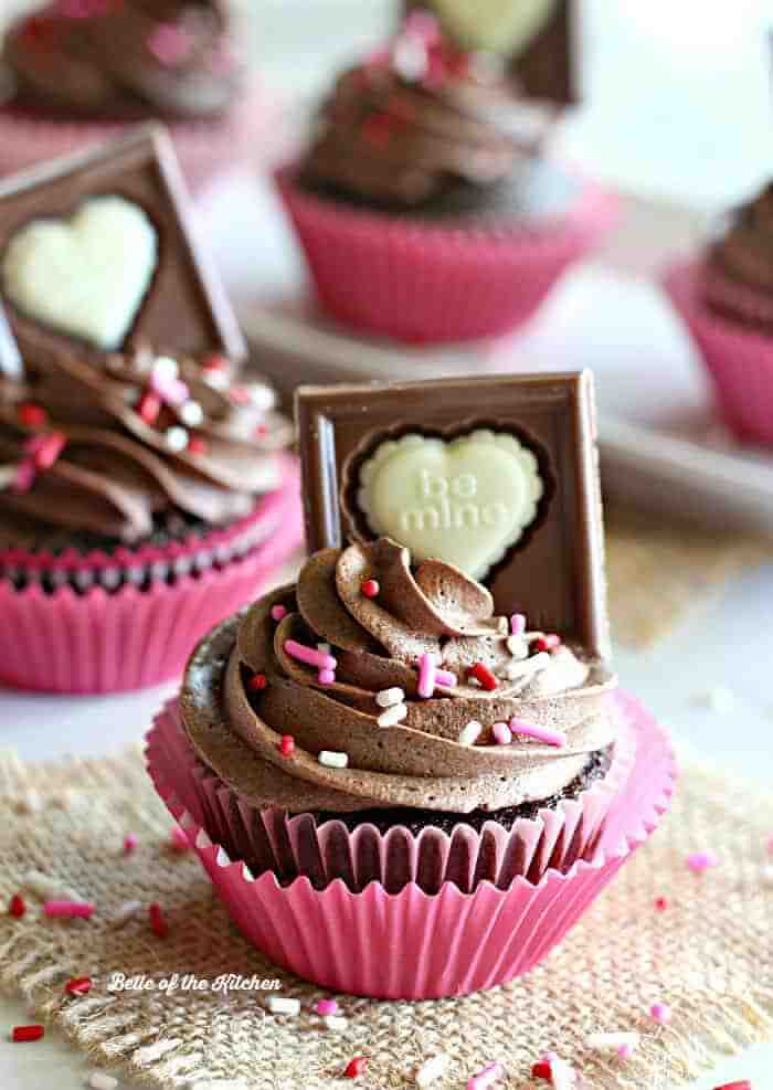 chocolate cupcakes with chocolate icing and chocolate candy on top.