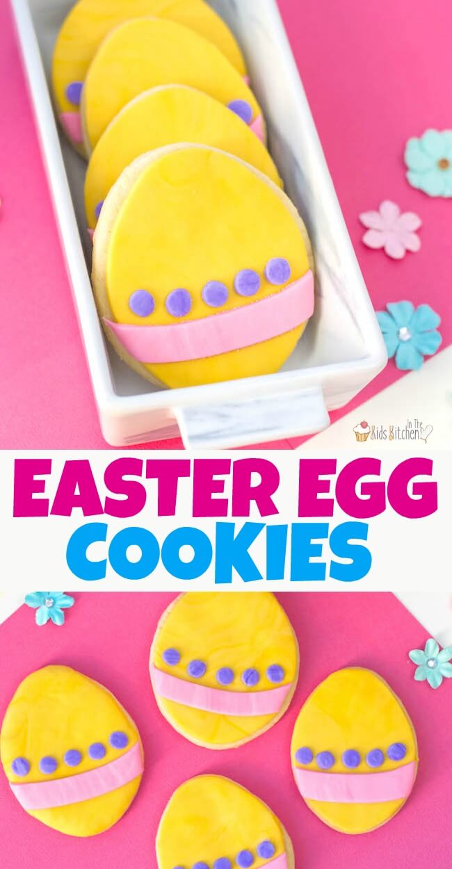 These cute Easter Egg Cookies are easy for kids to make using a sugar cookie mix shortcut and colorful fondant! Click for photo step-by-step recipes.
