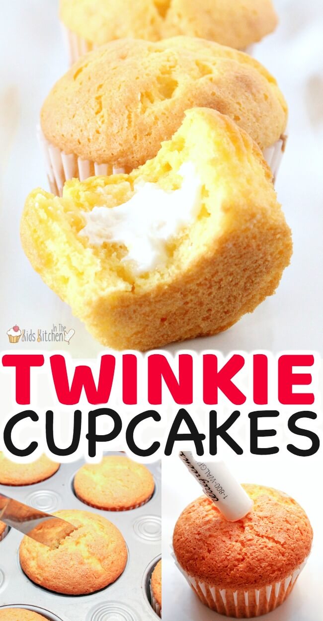 3 photo collage showing how to make Twinkie Cupcakes