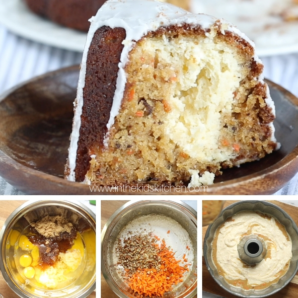 4 photo collage showing cheesecake filled carrot bundt cake and process pictures