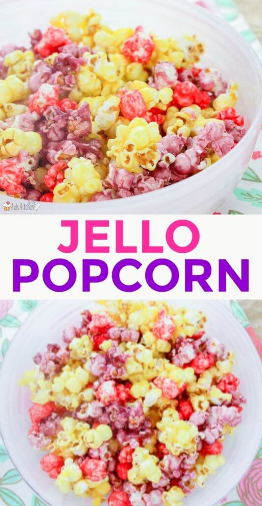 Sweet and colorful — candy coated Jello popcorn is the perfect Spring or Summer treat!