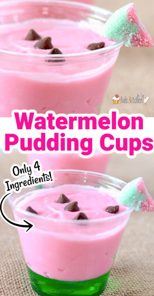 2 photo collage of watermelon pudding cups with pink pudding and green jello