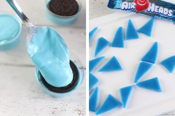 making Oreo shark cookies with blue chocolate and candy