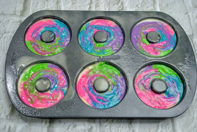 rainbow batter in donut pan